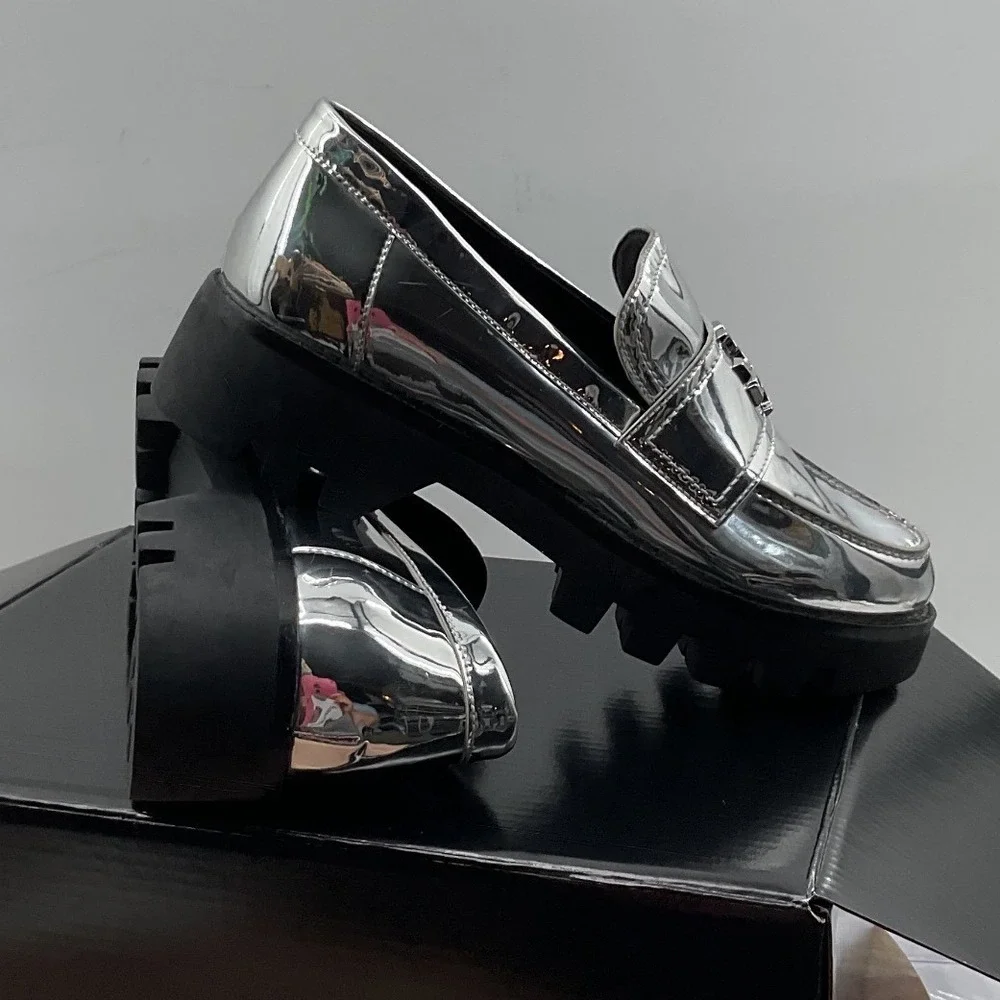 Tory Burch Metallic Silver Lug Sole Loafers Double T Logo Platform Shoes 6M